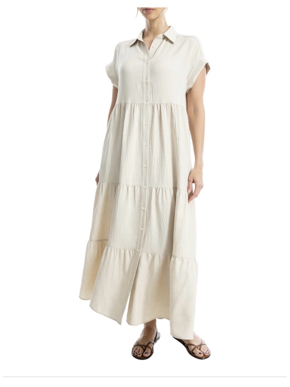 Max Studio Tiered Cuff Sleeve Maxi Button Dress